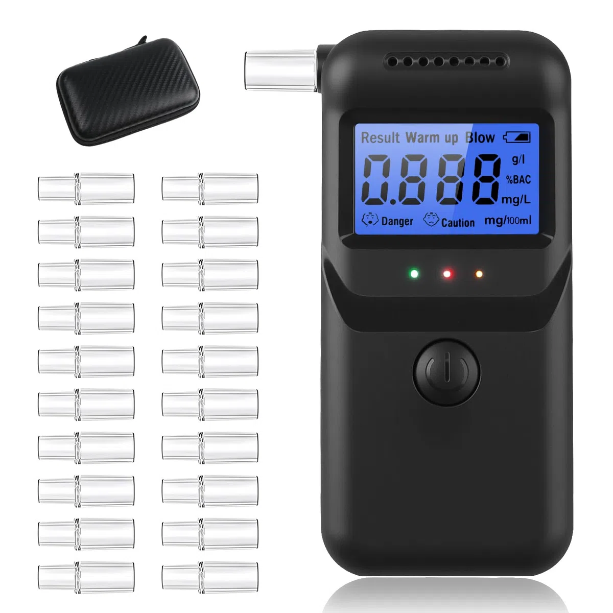Éthylotest Électronique Homologué NF avec Écran LCD & 20 Embouts – Alcotest Portable pour Maison & Voiture avec Sac Noir en Fibre de Carbone, Précis & Réutilisable