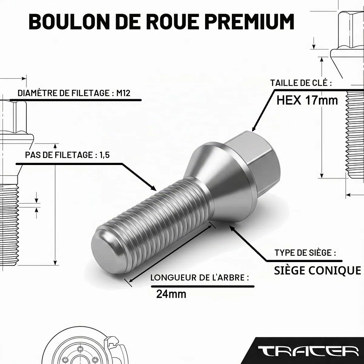 Lot de 10 boulons de roue coniques argentés M12 x 1,5 24 mm