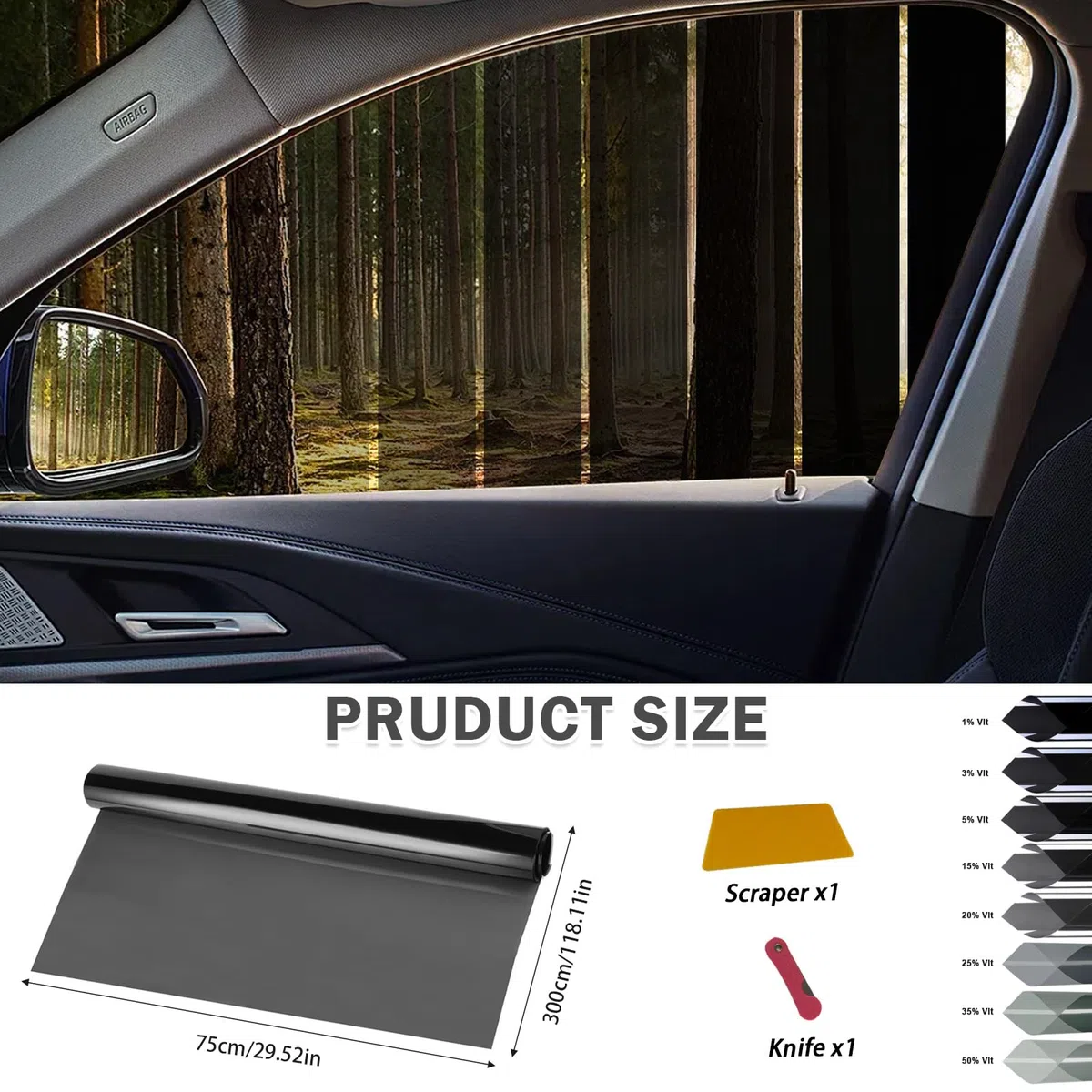 Film teinté pour vitres de voiture - Film teinté autocollant pour vitres de voiture - Film de protection contre les rayures - Bloque les rayons UV/IR - Chaleur et éblouissement - 35 % VLT