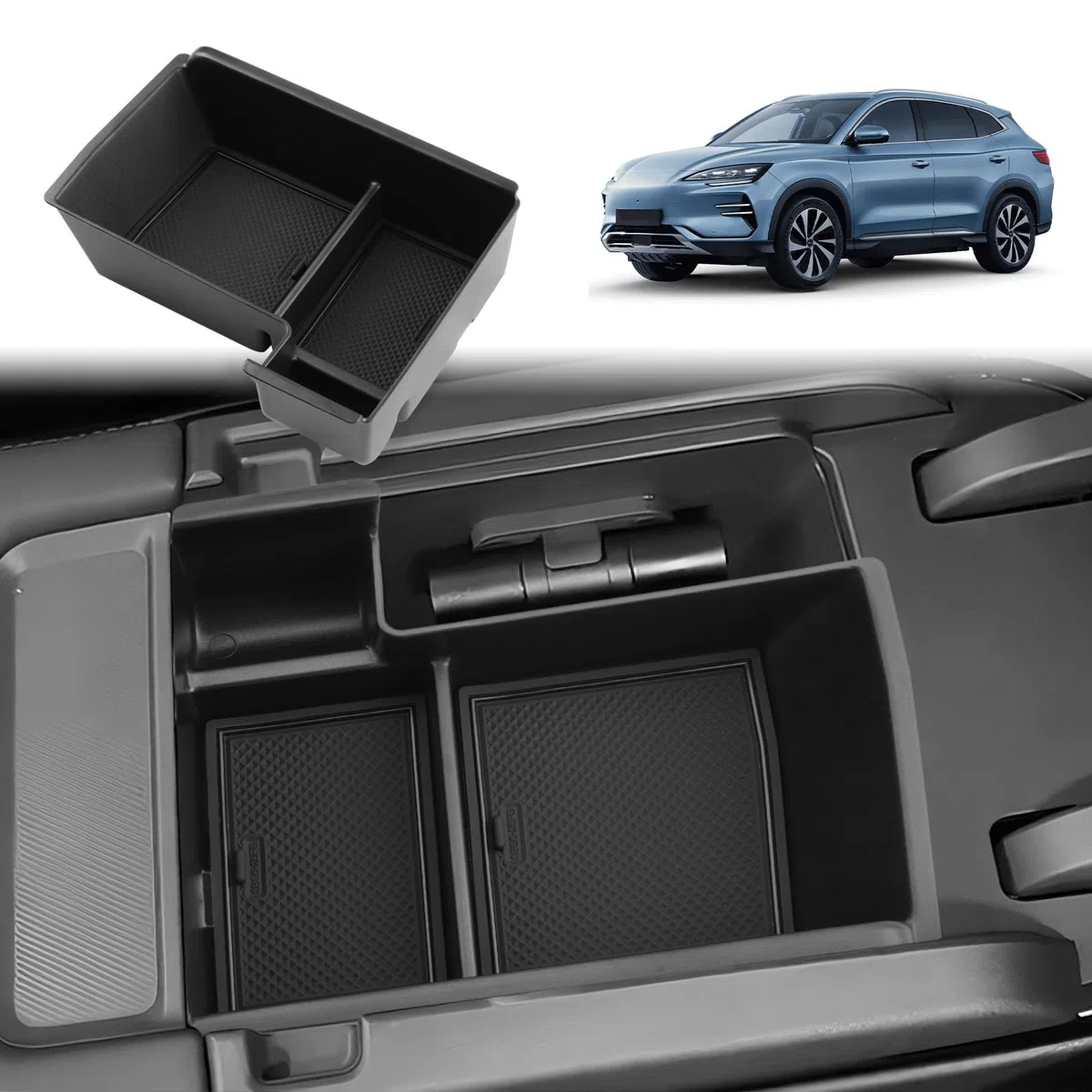 GAFAT Compatible avec BYD Seal U DM-i 2026 2025 2024 Boîte de Rangement Console Centrale, Seal U DMi EV Organiseur Accoudoir avec Tapis Caoutchouc, 2025 Seal U DMi Accessoires [avec Marteau d'Urgence]