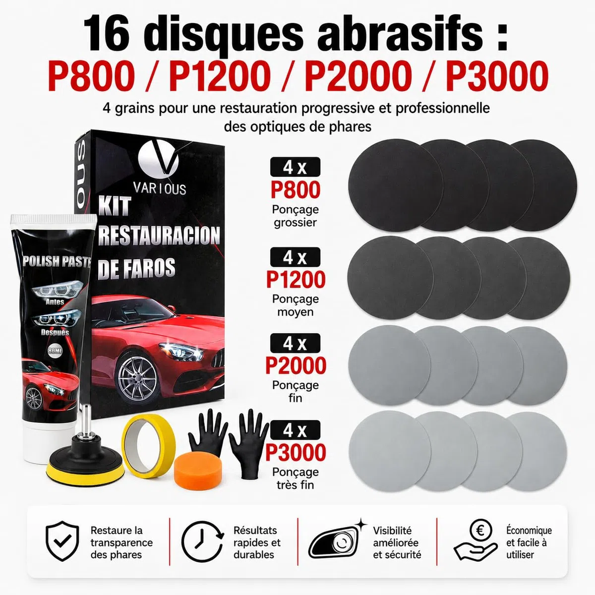 various Kit Rénovation Phare Voiture, Rénovateur Optique avec Polish 80 ML, 16 Disques Abrasifs P800-P3000, Adaptateur Perceuse, Éponge, Protection UV, pour Phares Jaunis