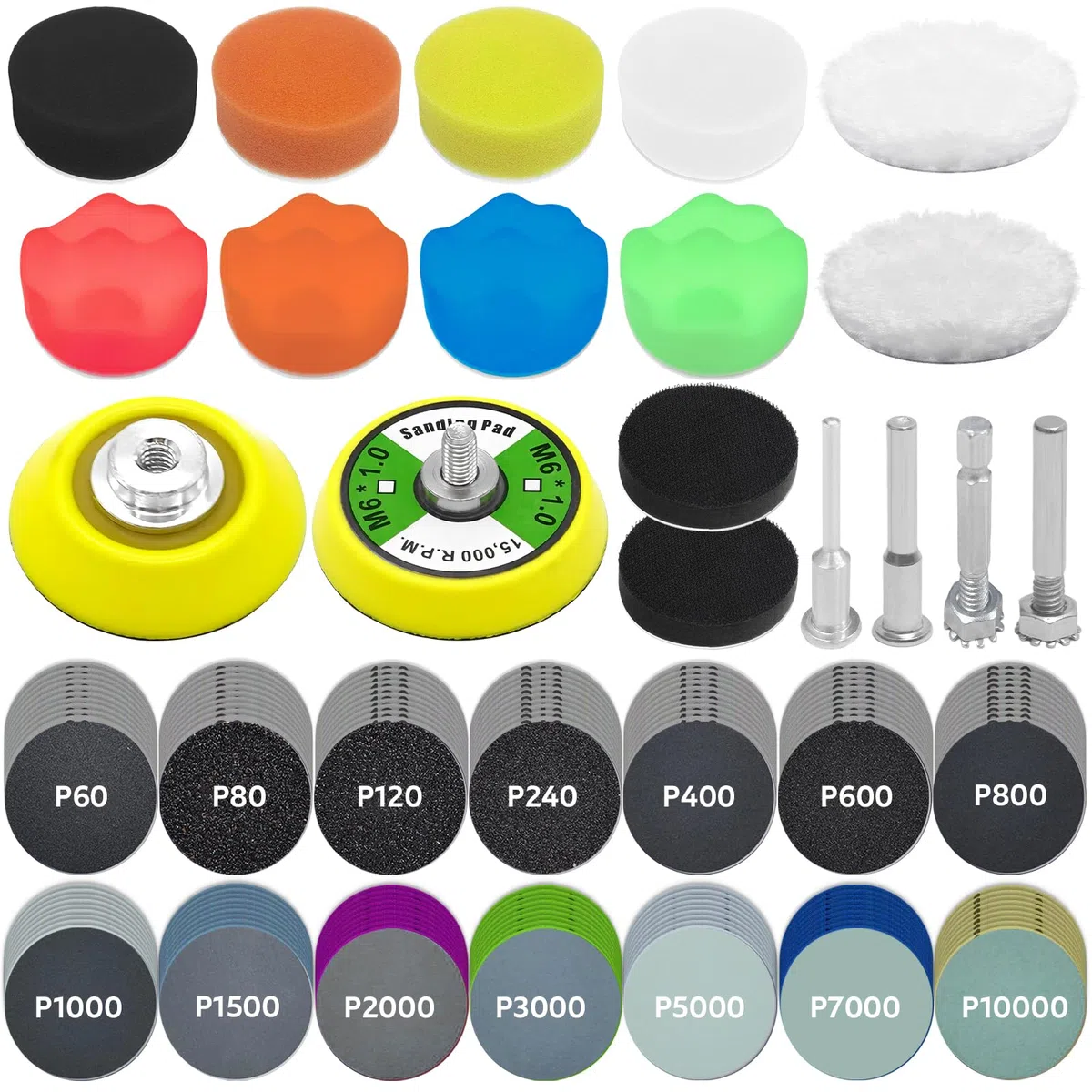 158 Pièces Kit de Polissage Phare Voiture, 50mm Disques Abrasifs Pad Polissage Kit, Papier Ponçage Carrosserie Grain 60-10000 pour Ponçage et Polissage de Bois, Métal, Miroir, 14 Sizes