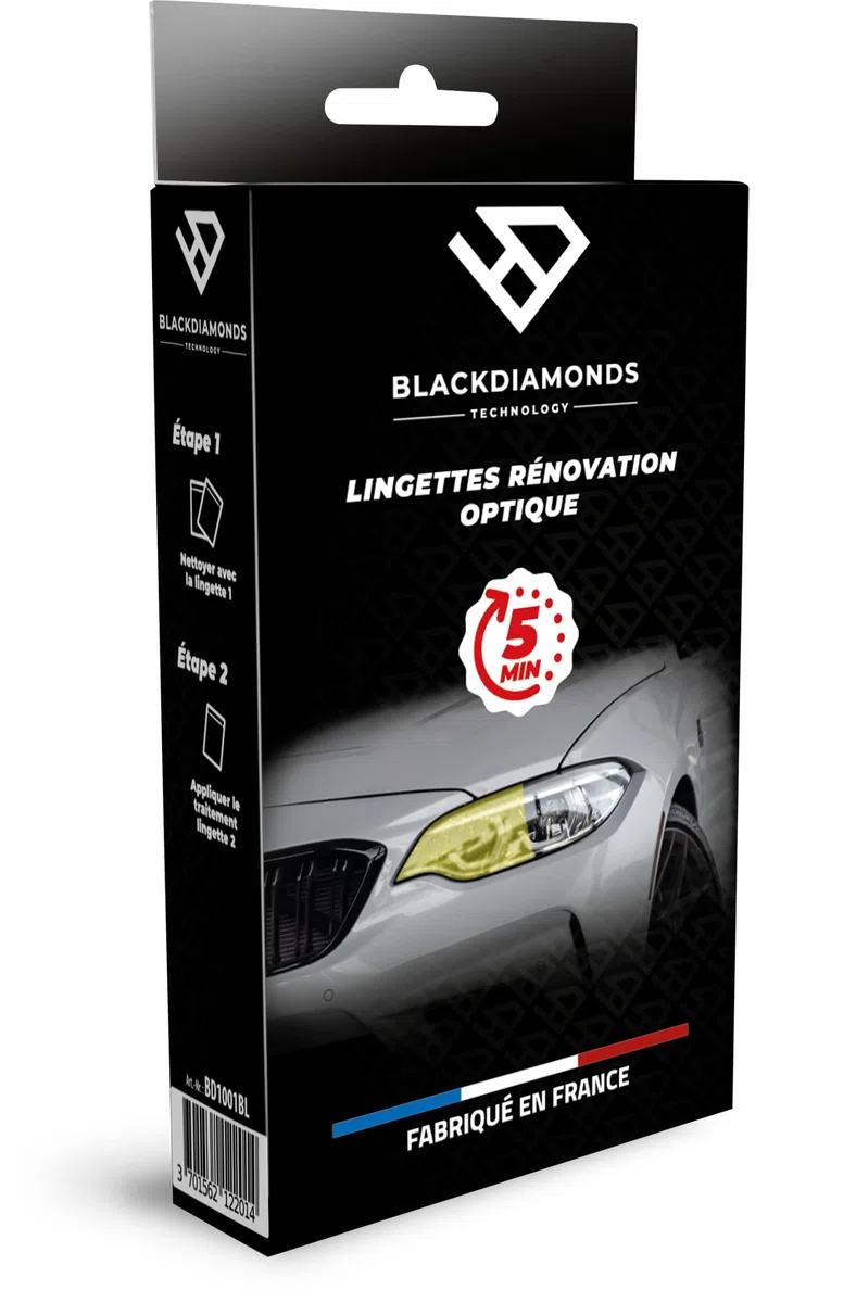 BlackDiamonds - Kit de Rénovation des Optiques et des Phares - Fabricant Français Notre Formule Exclusive Permet en 5 Minutes de Retrouver l’ECLAT du Neuf - 3 Lingettes