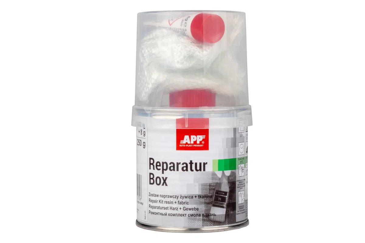 APP Reparatur Box - Kit réparation carrosserie Voiture | Kit resine Polyester + Fibre de Verre + durcisseur | Réparations Nautiques, carrosserie Auto, Motos, Camping-Car | 250 g