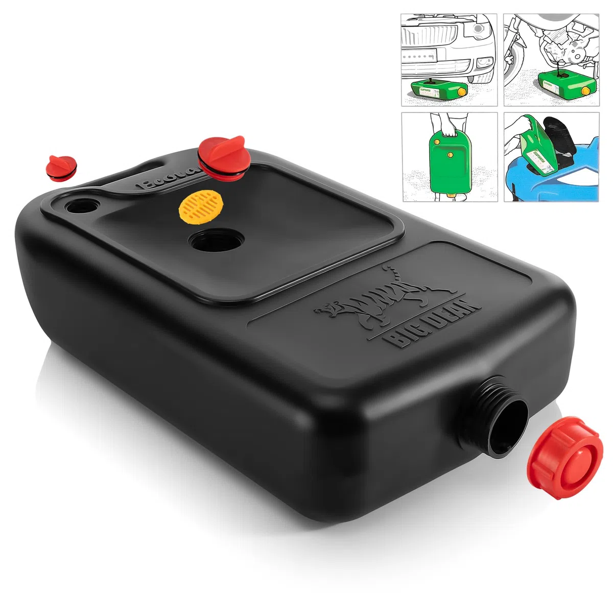 BigDean Bidon de vidange d'huile noir 10 l - Réservoir d'huile avec filtre - Carter d'huile en plastique robuste - Aide à la récupération pour les vidanges - Rangement pratique des liquides - Fabriqué