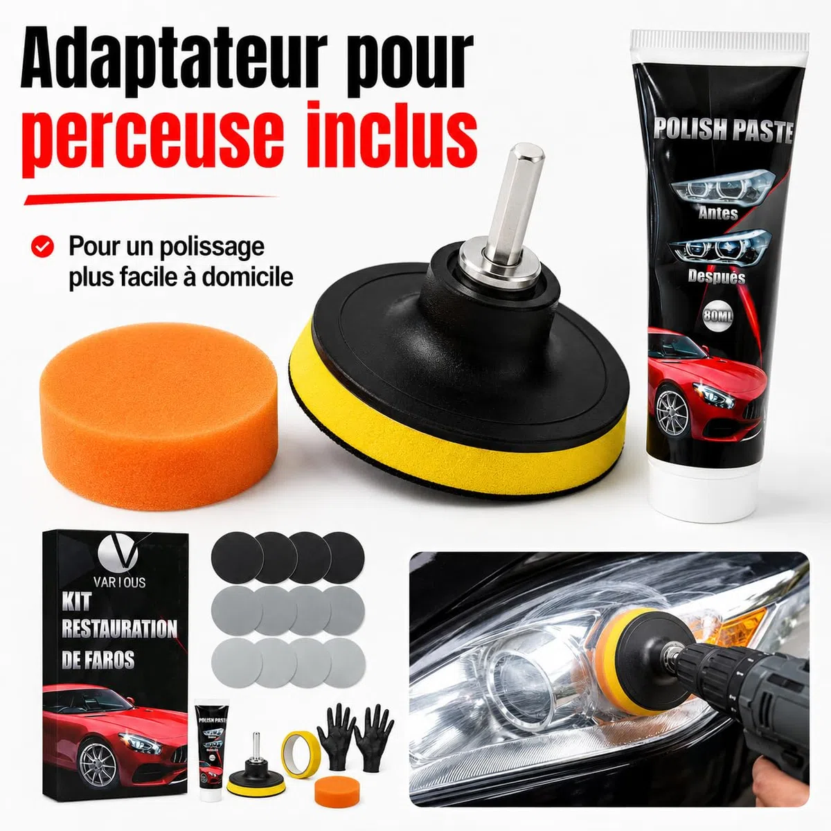 various Kit Rénovation Phare Voiture, Rénovateur Optique avec Polish 80 ML, 16 Disques Abrasifs P800-P3000, Adaptateur Perceuse, Éponge, Protection UV, pour Phares Jaunis