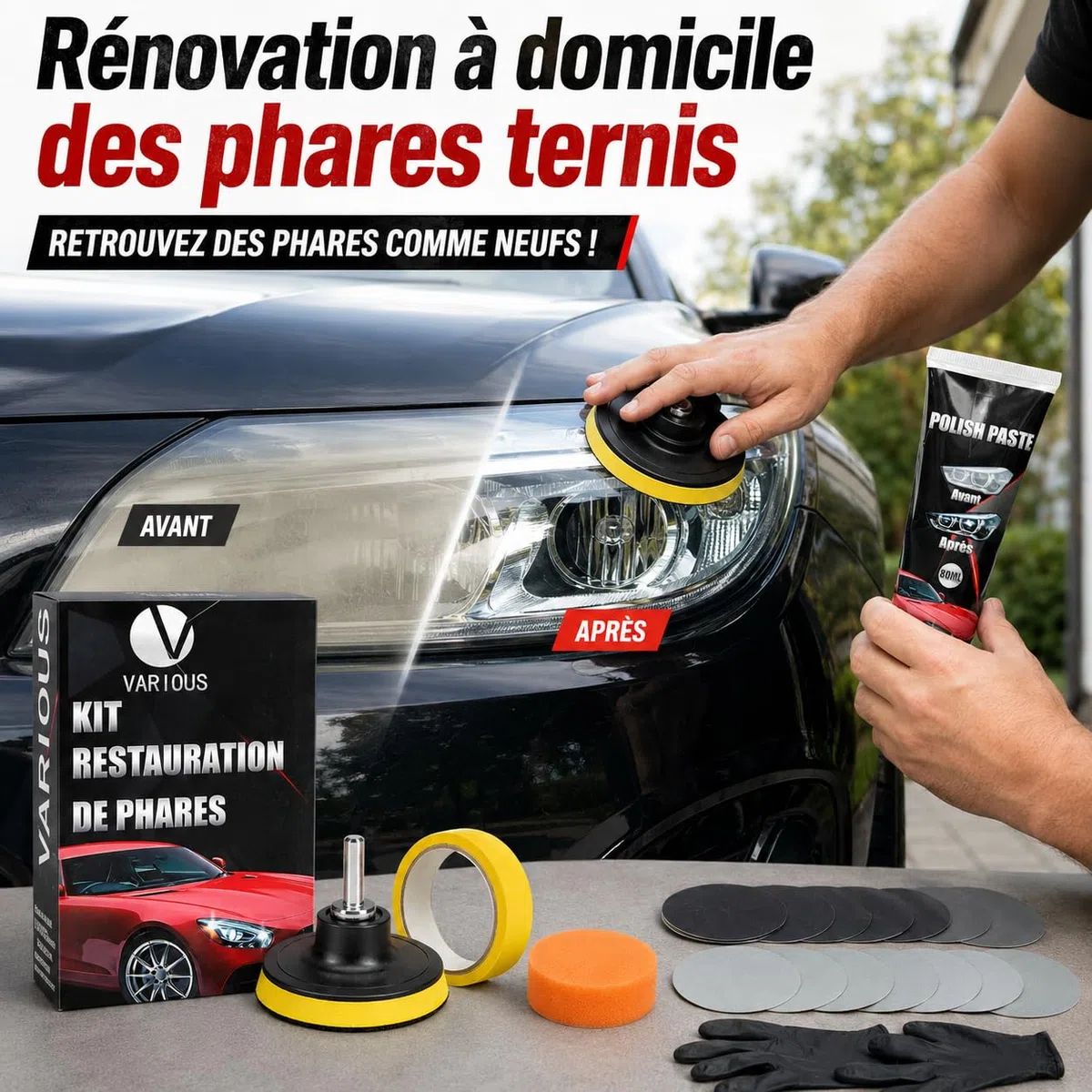 various Kit Rénovation Phare Voiture, Rénovateur Optique avec Polish 80 ML, 16 Disques Abrasifs P800-P3000, Adaptateur Perceuse, Éponge, Protection UV, pour Phares Jaunis
