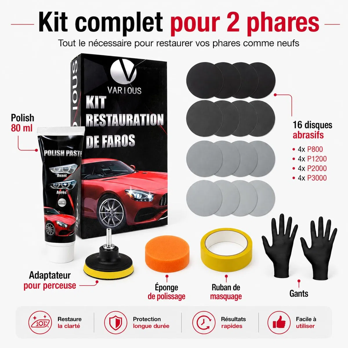 various Kit Rénovation Phare Voiture, Rénovateur Optique avec Polish 80 ML, 16 Disques Abrasifs P800-P3000, Adaptateur Perceuse, Éponge, Protection UV, pour Phares Jaunis