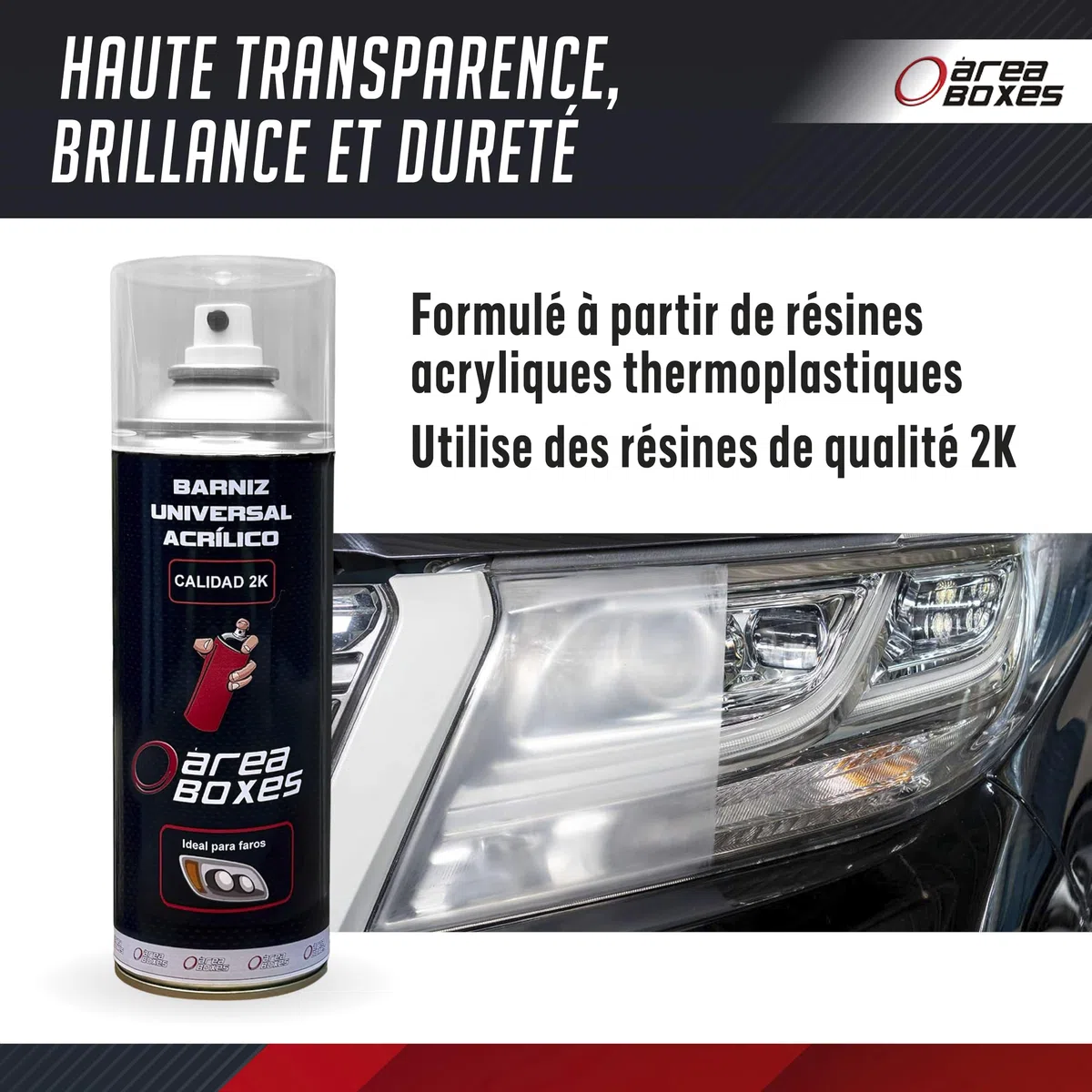 Vernis Acrylique Qualité 2K pour Phares de Voiture et Toutes Surfaces. [Adhérence Polycarbonate] Résistant aux Rayons UV (1, BRILLANT)