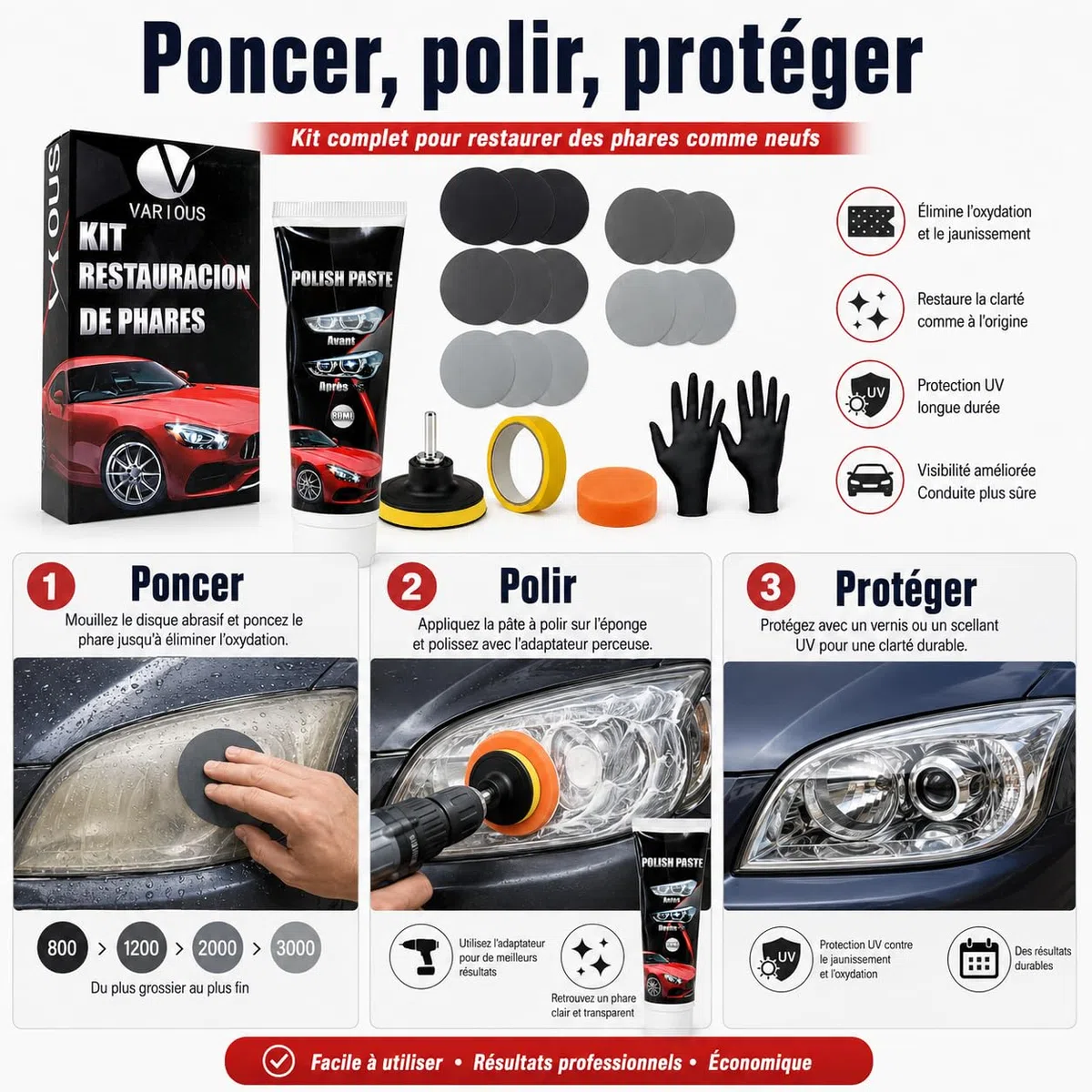 various Kit Rénovation Phare Voiture, Rénovateur Optique avec Polish 80 ML, 16 Disques Abrasifs P800-P3000, Adaptateur Perceuse, Éponge, Protection UV, pour Phares Jaunis
