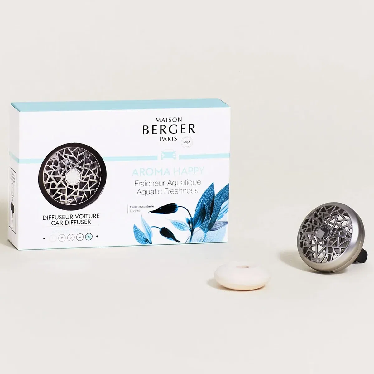 Maison Berger Diffuseur Voiture Parfumé – Clip Métal 4,5 cm avec Recharge Incluse, Fabrication Française – Clip Grille Aération – Jusqu’à 4 Semaines de Diffusion (Aroma Happy)
