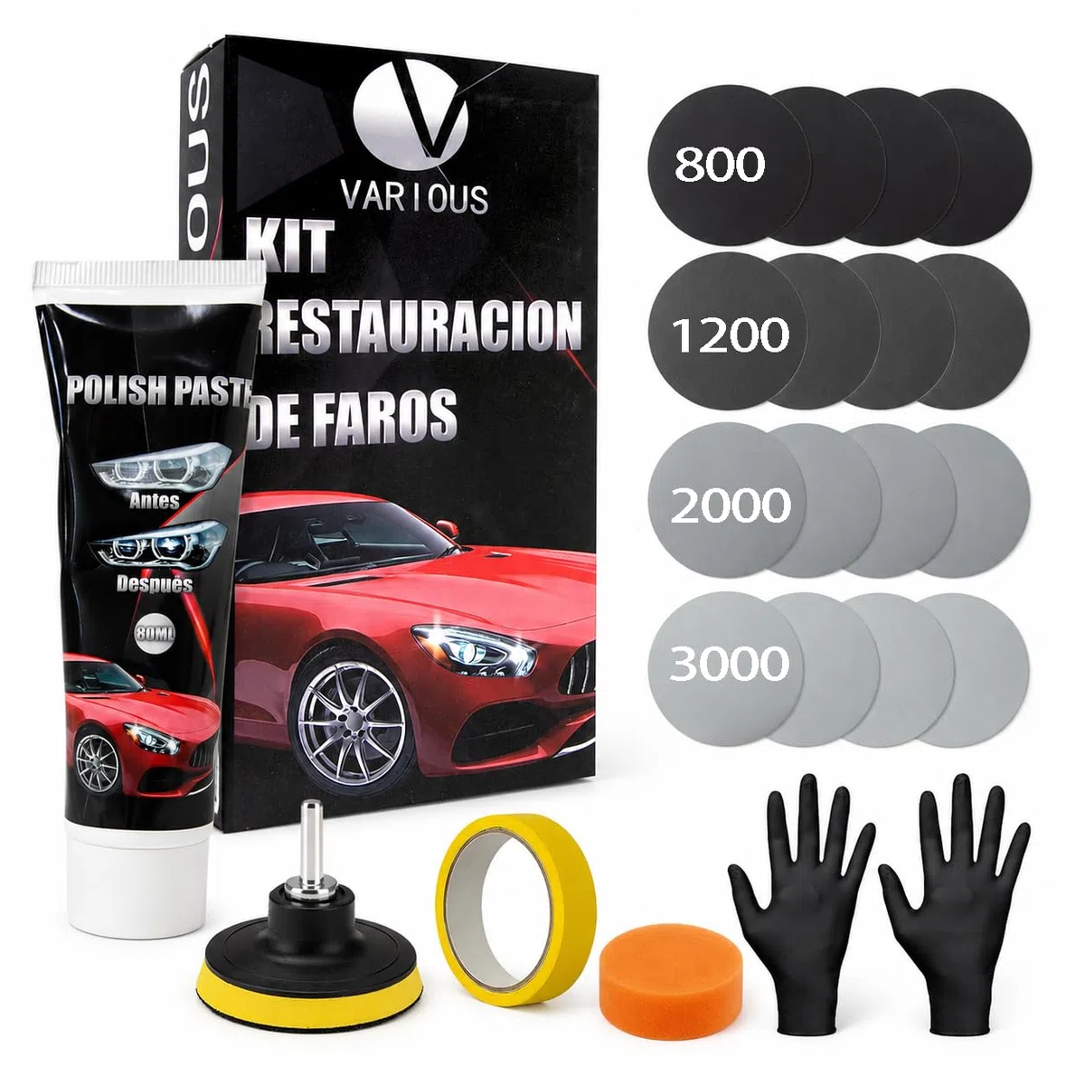 various Kit Rénovation Phare Voiture, Rénovateur Optique avec Polish 80 ML, 16 Disques Abrasifs P800-P3000, Adaptateur Perceuse, Éponge, Protection UV, pour Phares Jaunis
